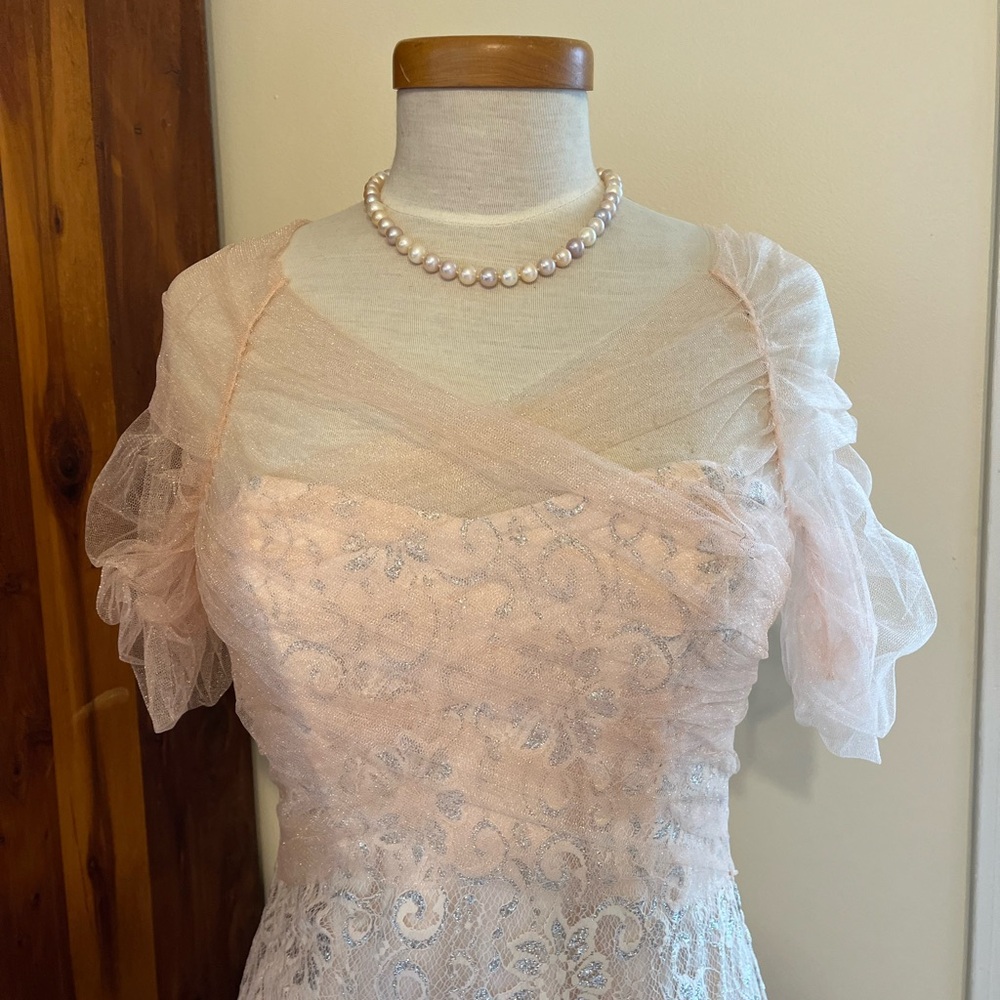 NWT $440 Badgley Mischka Gorgeous metallic lace Blush Dress with Sheer Overlay